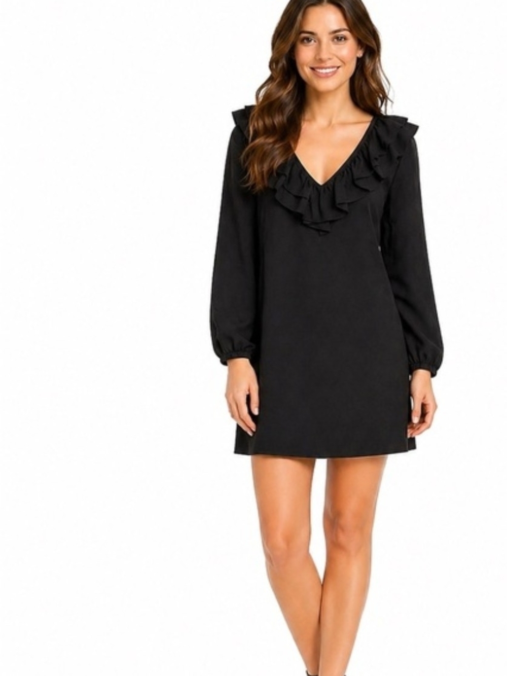 Black Ruffle V-Neck Long Sleeve Dress 100%cotton